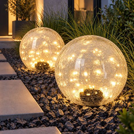 2 lampade da terra a LED a energia solare, rotonde, con vetro crackle e sensore crepuscolare, diametro 25 cm (1/5)