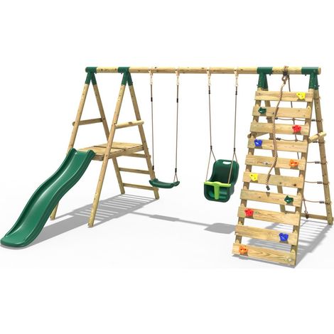 Rebo Wooden Swing Set with Deck and Slide plus Up and Over Climbing Wall - Moonstone Green (1/5)