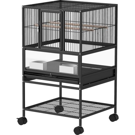 Cage oiseaux acier PP avec plateau grille amovibles 48x46x83 cm Noir