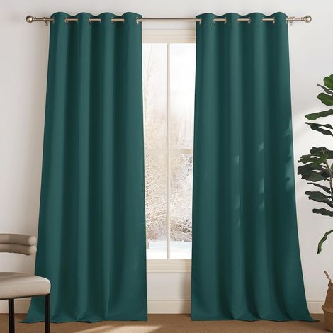 Lot de 2 Rideau Occultant Thermique Isolant Anti Froid et Chaleur 132x114 (lxH) Tenture Opaque à Oeillets Isolation Lumiere Uv Decoration Chambre Maison Salon Intérieurs. Vert Foncé (1/5)