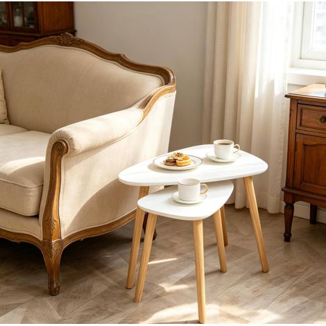 Table basse gigogne 2 pièces, design scandinave, MDF et pin, blanc et naturel OKMYHOME (1/5)
