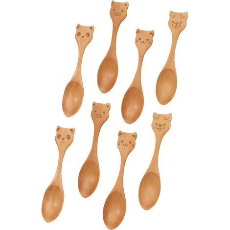 Ensemble de 8 cuillères à dessert en bois, décorées de motifs de dessins animés. Vaisselle pour enfants. Dimensions : 12 x 3 cm. Couleur bois. (1/5)