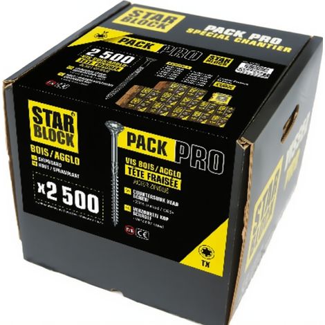 Coffret de vis Pack Pro 2500 vis bois aggloméré – 12 tailles 4x40 à 6x140 mm – Acier zingué – Tête fraisée Torx pour vissage précis – Starblock