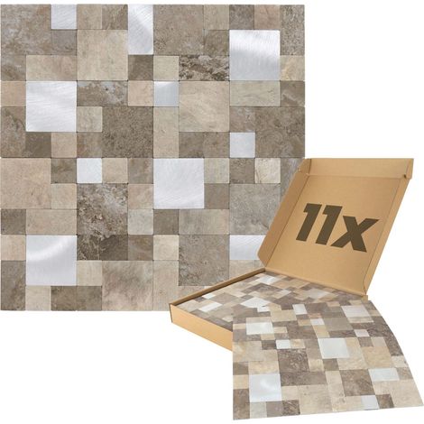 Wandpaneele selbstklebend Steinoptik 1m², 11 Stück Wandverkleidung feuchtigskeitsbeständig, Premium Qualität für Bad und Küche, Quadrat Rechteck Form - Sand Silber