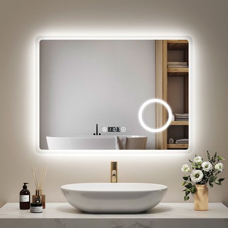 EMKE LED Badspiegel 80 x 60 cm mit Antibeschlag, kaltweiß, dimmbar, 3x Vergrößerung und Uhr (1/5)