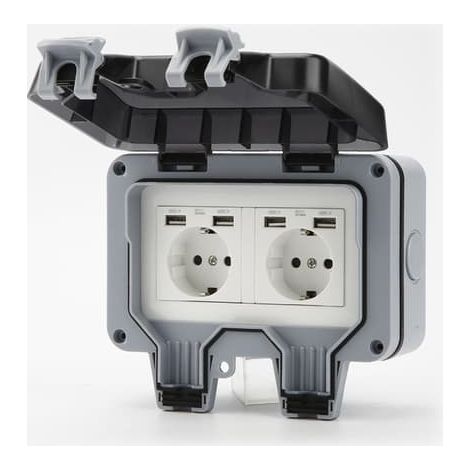 Prise étanche avec interrupteur, couvercle rabattable et 4 ports USB, grise (1/4)