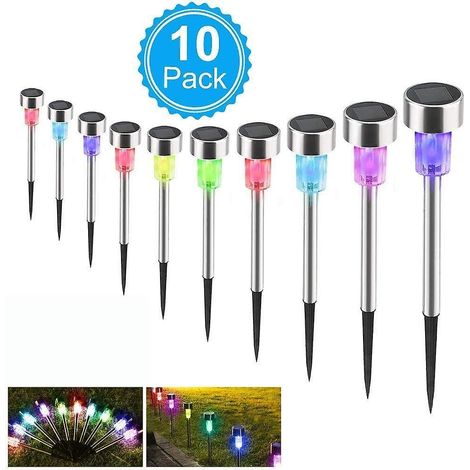 Lot de 10 lampes solaires de jardin/balisage de chemin à LED en acier inoxydable, 6 couleurs, pour jardin ou allée. (1/5)