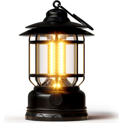 Lanterne de camping LED portable, 1500 lumens avec gradation progressive, légère, design rétro, alimentée par batterie et rechargeable par USB, lampe de tente [Noir]