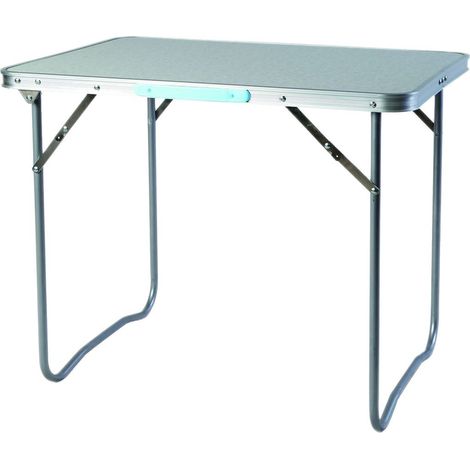 Table de camping pliante noire et blanche avec poignée de transport, en aluminium, disponible en plusieurs tailles.