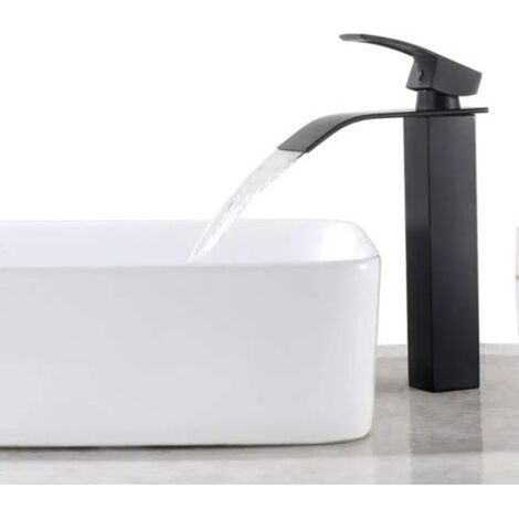 Robinet de Salle de Bain Cascade à Levier Unique Noir, Mitigeur de Lavabo Carré Laiton, Haut Mitigeur Vasque à Poser Eau Chaude et Froide