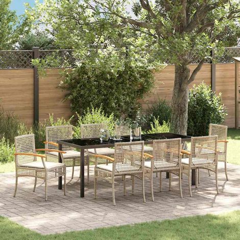 Garten Essgruppe mit Kissen 9 pcs Beige und Schwarz Rattan