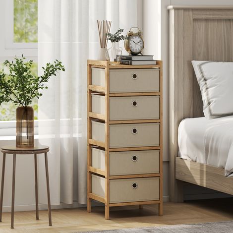 Commode à 5 tiroirs en tissu, structure en bambou, idéale pour les petits espaces, coloris crème et naturel.
