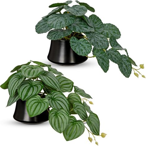 Lot de 2 plantes artificielles dans un pot en céramique - Pastèque Peperomia et plantes vertes artificielles - Décoration pour étagère, bureau, salon et salle de bain (1/5)
