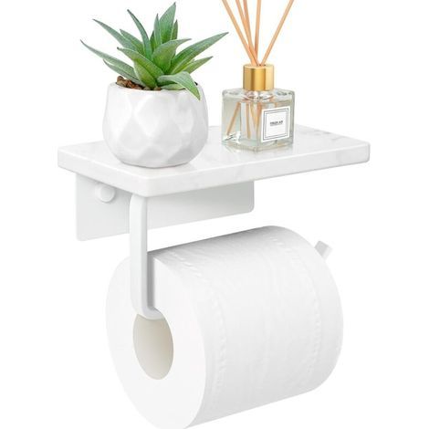 Marble toilet paper holder with shelf, toilet roll holder, screw-on wall mount, stainless steel toilet roll holder with storage (1/4)