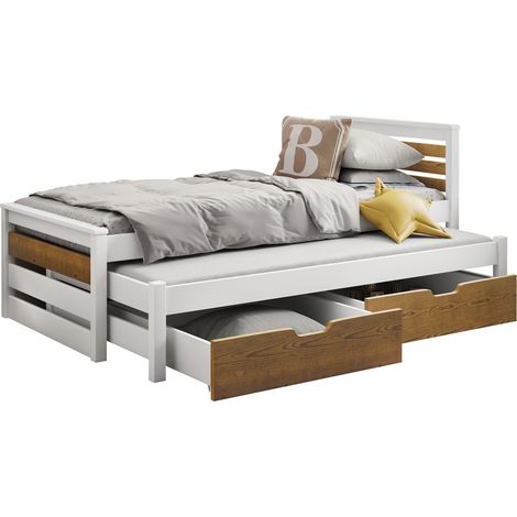 Cama Henderson 170, Blanco + Roble Sonoma, Individual con una cama supletoria-nido, Individuales, 90x190, 90x200, Madera, Somieres, 98x212x82cm
