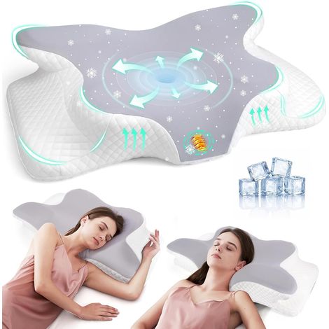 Oreiller Ergonomique Cervical, Oreiller Mémoire de Forme Papillon Rafraîchissant, Convient aux Dormeurs sur le Côté, le Dos et le Ventre, Housse Amovible Lavable en Machine, Gris Moyen (1/5)
