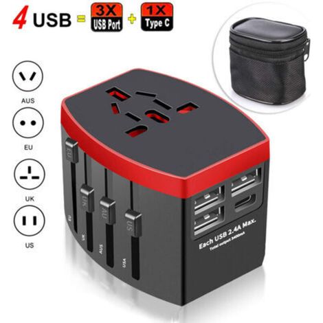 Universal-Reiseadapter, internationaler Universalstecker mit 4 USB-Anschlüssen, 4-in-1-USB-Ladegerät für USA, Großbritannien, Australien, Japan, Italien und China, weltweit einsetzbar in 224 Ländern u