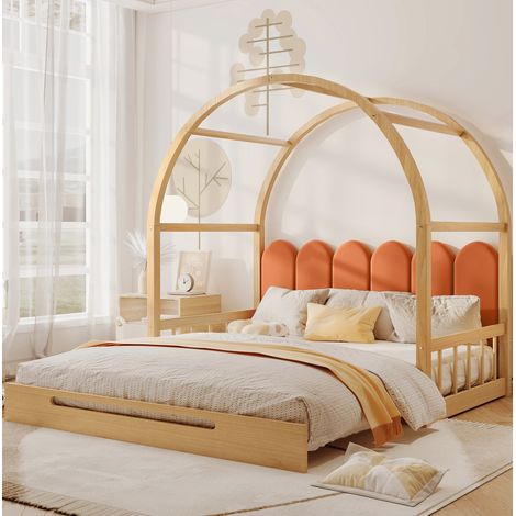 Lit extensible cabane avec coussin de tête, 140x100/140x200 cm, bois massif et MDF, naturel et orange (1/5)