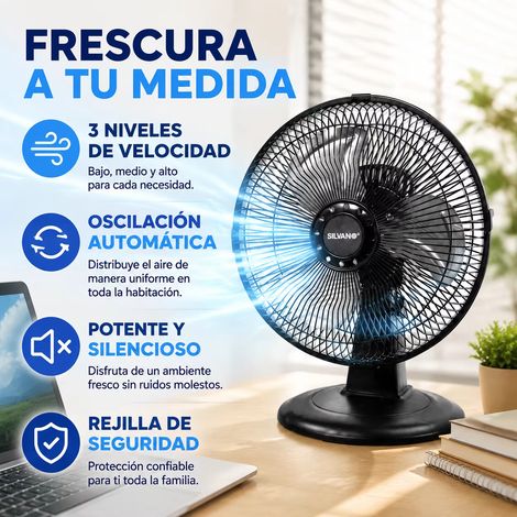 Ventilateur de Table 30 cm Silvano Noir, 3 Vitesses, 3 Pales Métalliques, Oscillation 90°, Inclinaison Réglable, Silencieux pour Bureau, Chambre, Maison (1/5)