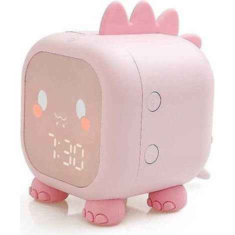 Réveil pour enfants avec dinosaure rose lumineux. Réveil numérique tactile et rechargeable.