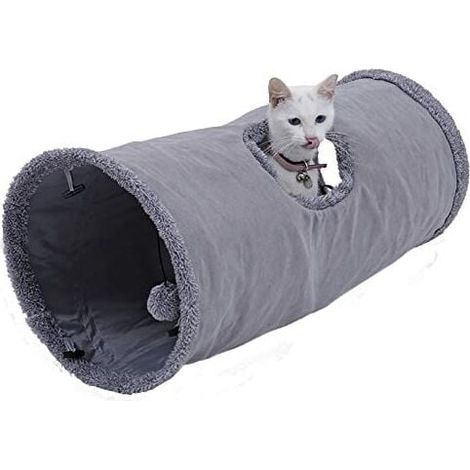 Suede Cat Tunnel Toy, Large Foldable Cat Tunnel with 2 Holes and Hanging Ball for Cats Kittens Rabbits Dia25 50cm (1/5)