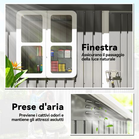 Garden Shed Porta Attrezzi in Zinc-Coated Steel Laminate, 2.55m² Garden Shed with Locking Door, Slanted Roof, Shed for Lawn, Patio, Courtyard, Outdoor, 221x133x190cm, Grey