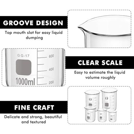 verres gradués en verre borosilicate - 50 ml, 100 ml, 250 ml, 500 ml, 1000 ml - laboratoire, salle de classe, usage domestique (1/4)