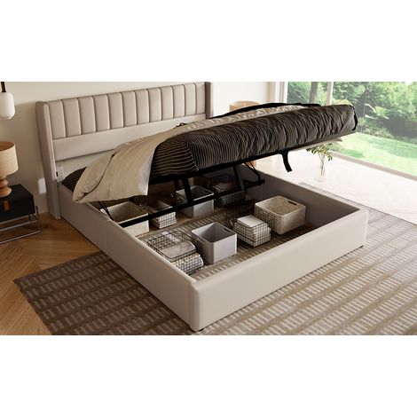 Cama doble 140/200 cm beige de lino con almacenaje hidráulico (1/5)