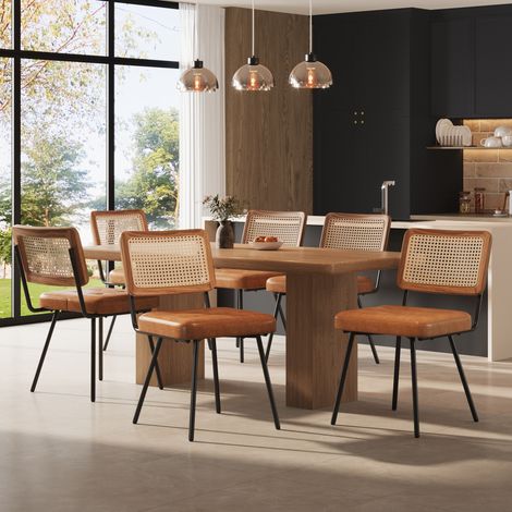 Set di 6 sedie da sala da pranzo in PU marrone, schienale in rattan (1/5)