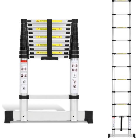TolleTour Escalera telescópica de aluminio de 3,2 m, escalera de apoyo recta con estabilizador, con una capacidad de carga de hasta 150 kg