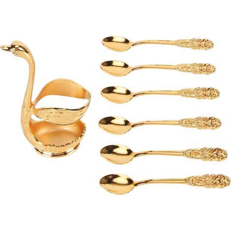 Ensemble De Base De Cuillère à Café, 6 Pièces, Ensemble De Cuillères à Café, Cuillères Décoratives Exquises en Métal avec Support De Base pour Dessert, Gâteau à la Crème Glacée, Doré (1/5)