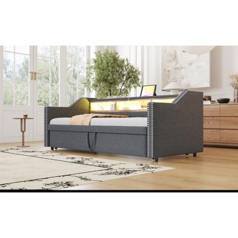 Polsterbett Ausziehbares Schlafsofa, Multifunktionales Staufach, LED-Licht und USB-Buchse, mit Lattenrost
