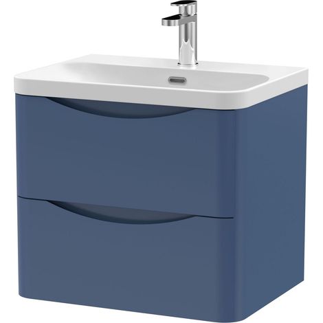 Balterley Dunwood Modern Bathroom Wall Hung 2 Drawer Vanity Unit & Ceramic Basin, Satin Blue, 600mm (1/4)