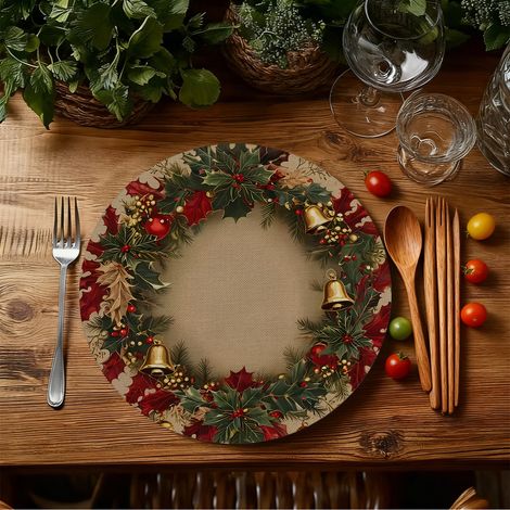Sets de table de Noël style américain, dessous de plat antidérapants et isolants thermiques pour cuisines de restaurant, résistants aux taches et à l'usure, en stock - Lot de 6 pièces (vinyle) 36 x 36
