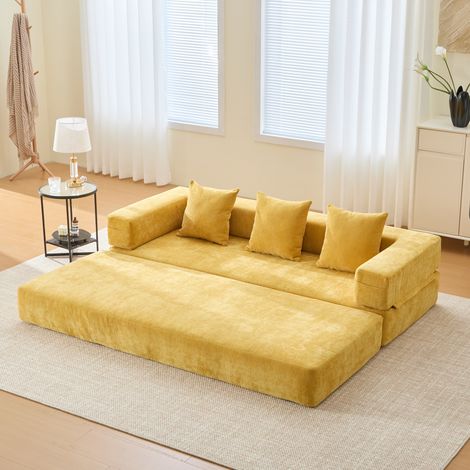DESMIU Canapé Modulaire 2 Places avec Poches latérales et Base antidérapante en Chenille Moutarde 198 × 79 × 60 cm (1/4)