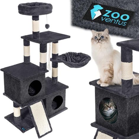 Rascador para gatos de 115 cm con forma de árbol, 5 niveles, cama tipo caja y juguetes.