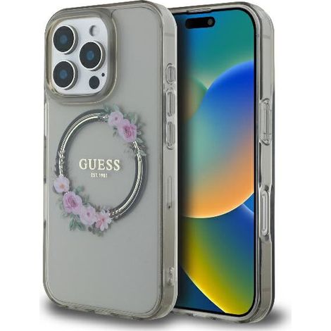 Funda rígida negra Guess GUHMP16LHFWFCK para iPhone 16 Pro de 6,3 pulgadas con diseño de corona floral IML y MagSafe (1/5)