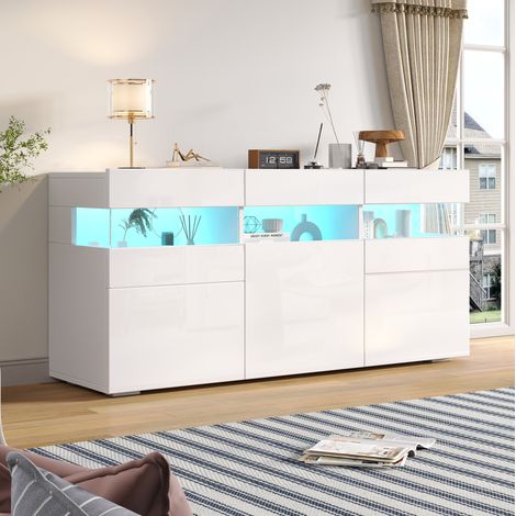 Sideboard 140/40,5/66,5 cm Weiß mit LED, 3 Türen und 7 Fächern (1/5)