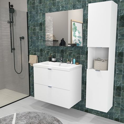Le Quai Des Affaires – Meuble sous-vasque 80 cm avec vasque en résine – Miroir et colonne inclus – Laqué blanc – Fixation murale – Dimensions L81 x P46 x H64 cm