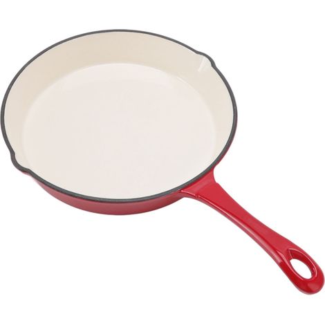 Rote, emaillierte Gusseisenpfanne, 25 cm Durchmesser, flache Pfanne mit langem Griff, Emaillierung, zum Markieren geeignet, schwere emaillierte Eisenpfanne (1/5)