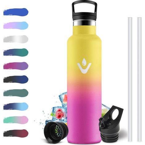 Gourde Inox 750ml, Bouteille d'eau en Acier Inoxydable, Gourde Sport avec en Paille, sans BPA, Anti Fuite et , Bouteille Isotherme pour Bureau, Camping, Travail, Voyage, Randonnée (1/5)