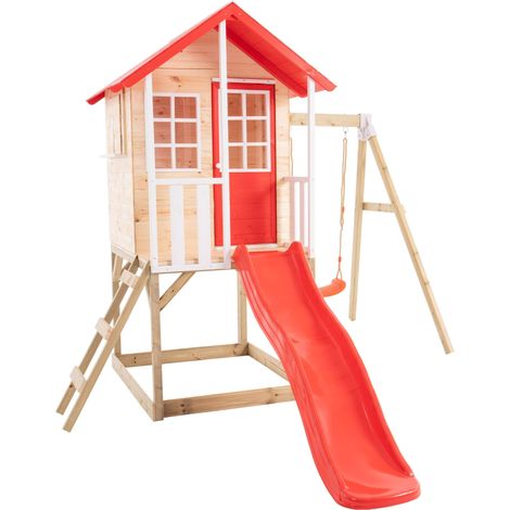 Maisonnette modulable sur pilotis avec balcon, glissière et une balançoire COQUELICOT en bois FSC®