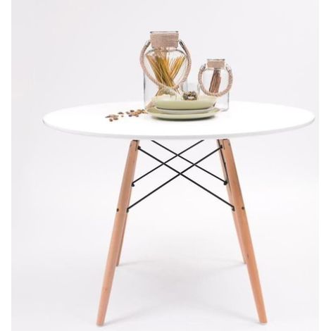 Mesa de cocina o comedor redonda TOWER sobre lacado en blanco de 100 cm y patas de madera de haya (1/3)