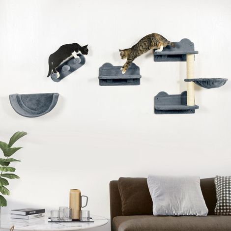 Ensemble de 4 pièces comprenant un mur d'escalade pour chat, un arbre à chat avec escalier, un hamac, une plateforme de saut