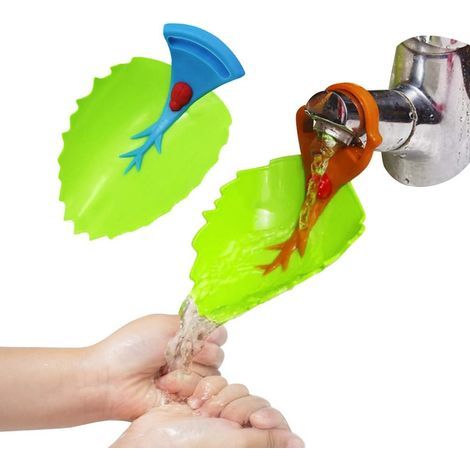 Set mit 2 Wasserhahnverlängerungen für Kinder und Kleinkinder – Blattförmig – Für Küche, Bad, Waschbecken – Handspielzeug – Braun und Blau (1/5)