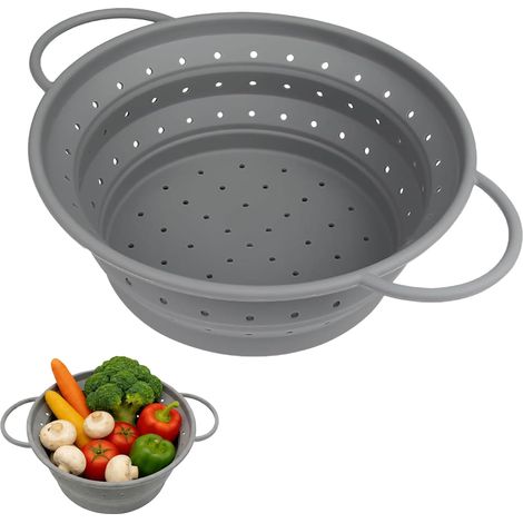 Passoire à Pâtes Pliable en Silicone Gris 21 cm,Passoire de Cuisine Résistante à la Chaleur avec Poignées,Pour Égoutter Légumes,Fruits et Haricots,Idéale pour Maison et Camping (1/5)