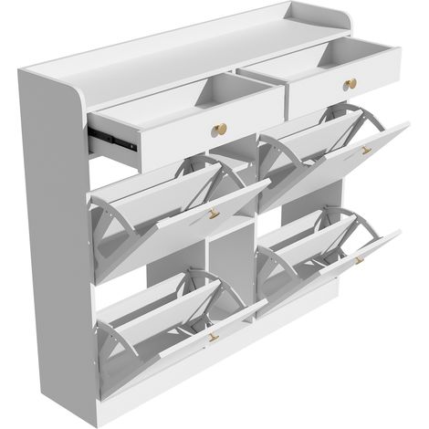 Meuble à chaussures blanc 4 portes, 2 tiroirs et 3 niches - 110 x 26 x 100 cm (1/5)