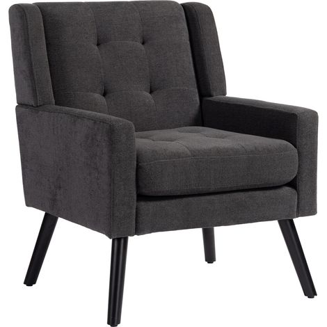 Fauteuil rembourré en lin noir avec pieds en bois massif, design compact pour salon, chambre ou bureau (1/5)