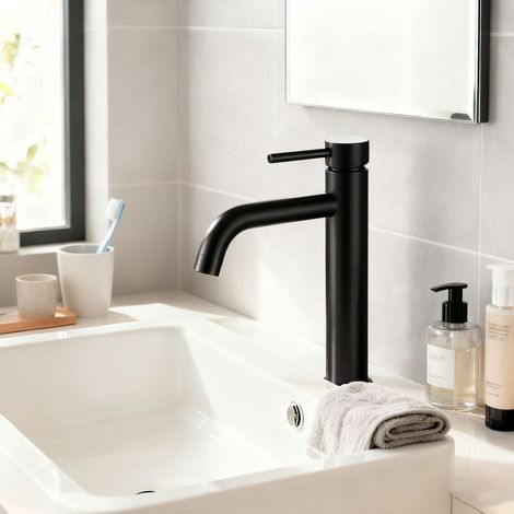 Aica Sanitaire – Robinet de lavabo mitigeur monocommande en acier inoxydable 304 – Finition noire mate – Hauteur 195mm – Étanchéité céramique haute performance (1/5)