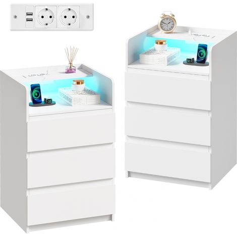 Lot de 2 table de chevet,LED réglable, prise de courant et port USB